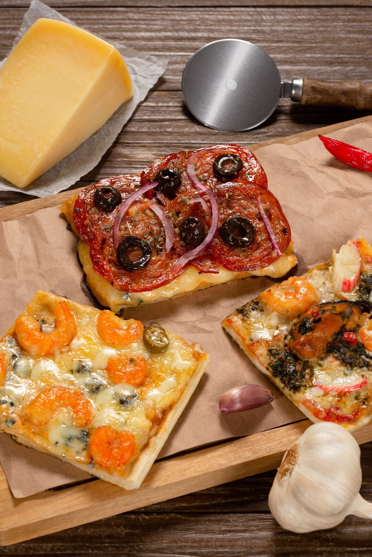 Três fatias de pizza Al Taglio Solo Pastas sobre tábua de madeira